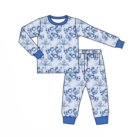 Preorder (moq 8)Baby Girls Blue Bows Flowers Chicks Top Pants Pajamas Set 9.16