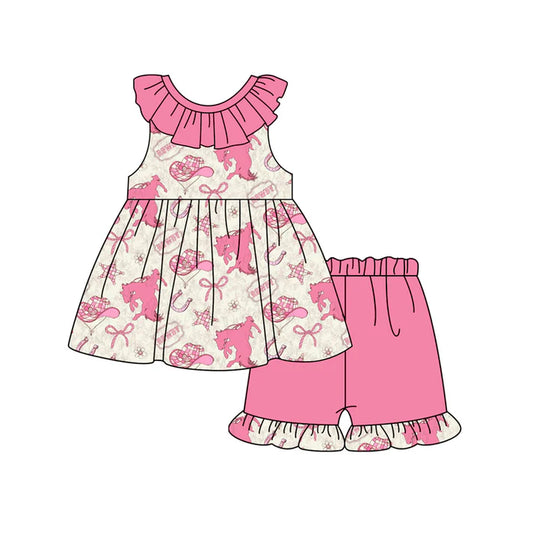 Preorder (moq 5)Baby Girls Pink Sleeveless Horse Rodeos Round Collar Tunic Ruffle Short Sets 5.15