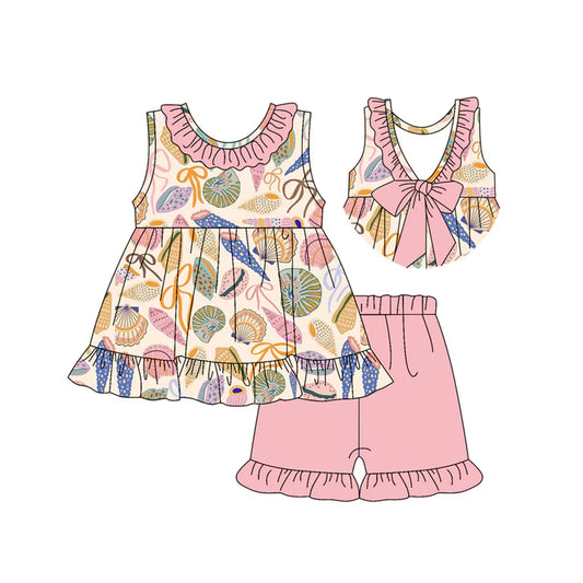 Preorder (moq 5)Baby Girls Pink Sleeveless Colorful Bows Shell Tunic Ruffle Short Set 4.26