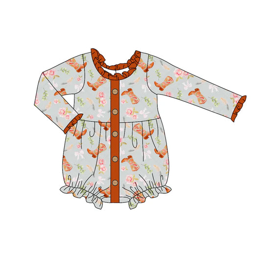 Preorder (moq 5)Baby Girls Long Ruffle Sleeves Boots Flowers Bows Button Rompers 5.29