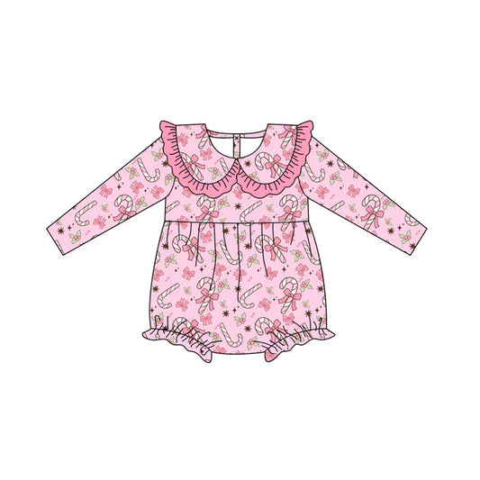 Preorder (moq 5)Baby Girls Long Sleeves Pink Bows Candy Cane Holly Plaid Ruffle Romper 7.4