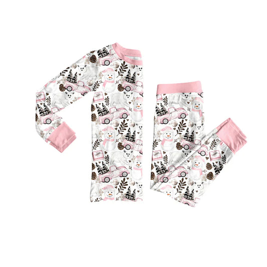 Preorder (moq 5)Baby Girls Long Sleeves Pink Trees Snowman Top Pants Pajamas Set 6.21