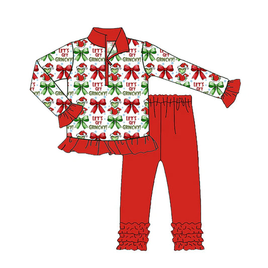 Preorder(moq 5) Baby Girls Christmas Let's Go Frog Zip Pullover Top Legging Boutique Outfits Sets 8.7