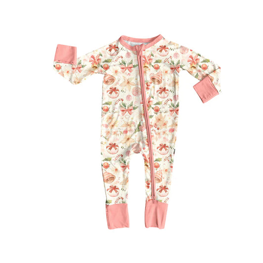 Preorder (moq 5)Baby Girls Peach Long Sleeves Bows Trees Zipper Rompers 6.4