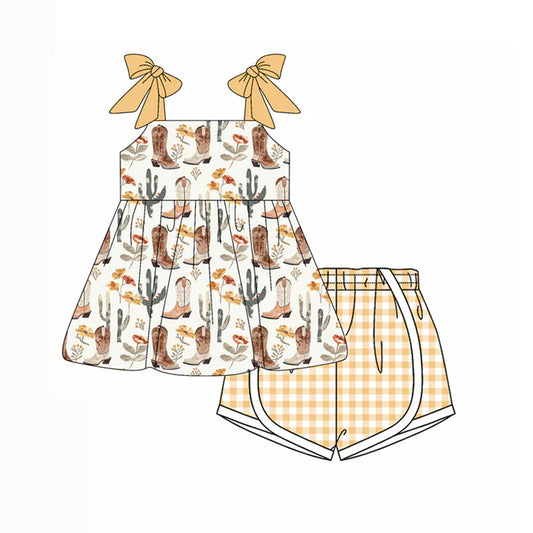 Preorder moq 5 Baby Girls Orange Strap Boots Cactus Tunic Plaid Shorts Set 4.15