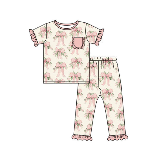 Preorder(moq 5) Baby Girls Peach Bows Flowers Pocket Top Ruffle Pant Pajamas Sets 10.18