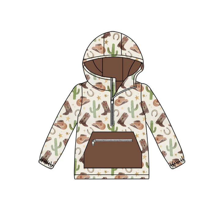 Preorder(moq 8)Baby Boys Hats Boots Cactus Zipper Pockets Western Hoodies Top 9.26