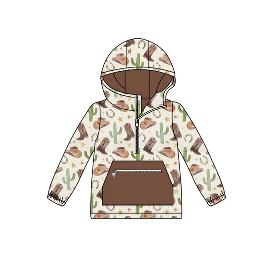 Preorder(moq 8)Baby Boys Hats Boots Cactus Zipper Pockets Western Hoodies Top 9.26
