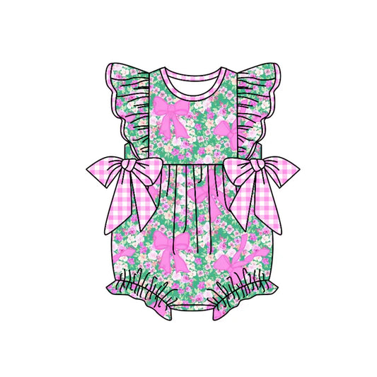 Preorder moq 5 Baby Girls Flutter Sleeves Pink Plaid Bows Floral Ruffle Rompers 4.17