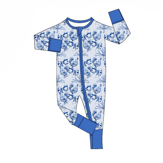 Preorder (moq 8)Baby Girls Blue Bows Flowers Chicks Zipper Footie Rompers 9.16