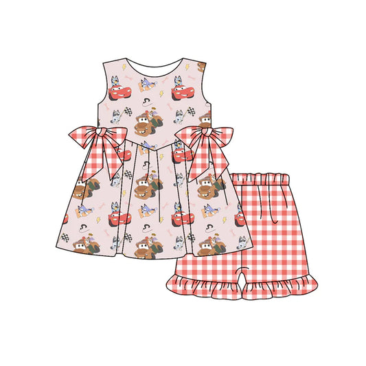 Preorder moq 5 Baby Girls Sleeveless Cartoon Dogs Cars Tunic Red Plaid Ruffle Short Set 4.19