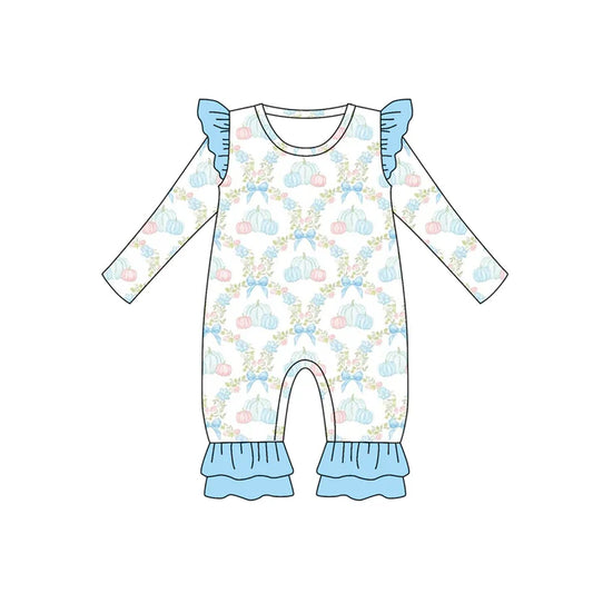 Preorder (moq 5)Baby Girls Long Sleeves Blue Bows Pumpkins Plaid Ruffle Pant Romper 7.4