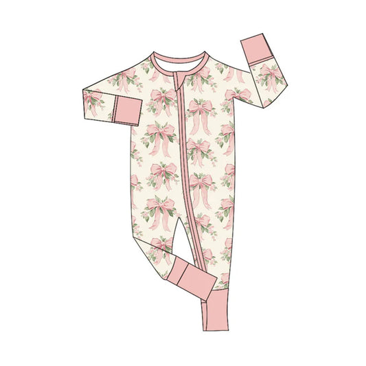 Preorder (moq 5)Baby Girls Peach Flowers Bows Zipper Footie Rompers 10.18