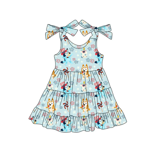 Preorder (moq 5)Baby Girls Blue Bows Strap Cartoon Dogs Flowers 4th Of July Knee Length Dress 4.24