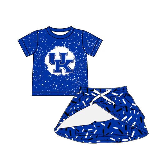 Preorder (moq 5)Baby Girls Hot Blue Short Sleeves UK Top Drip Skirts Team Set 6.14