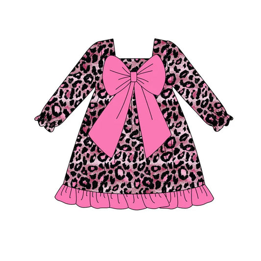 Preorder (moq 8)Baby Girls Pink Black Leopard Bows Ruffle Knee Length Dresses 9.18