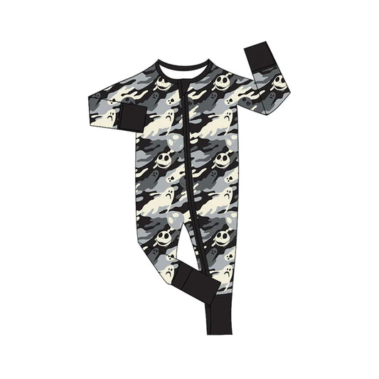 Preorder moq 5 Baby Infant Boys Long Sleeves Black Camo Ghost Skulls Plaid Zipper Romper 7.14
