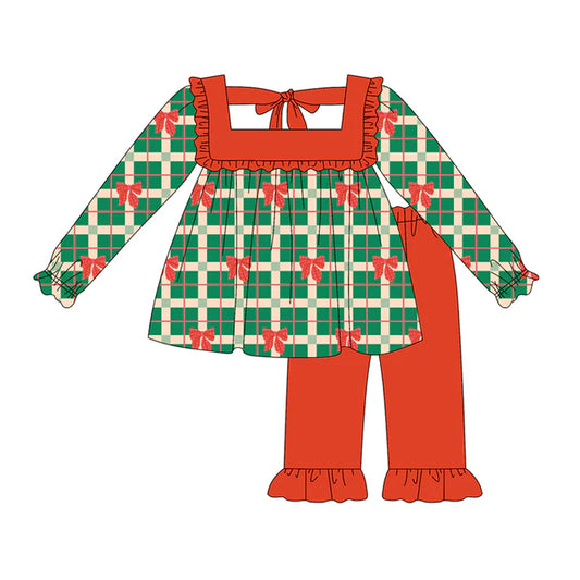 Preorder (moq 5)Baby Girls Long Sleeves Green Plaid Red Bows Tunic Ruffle Pant Set 5.20