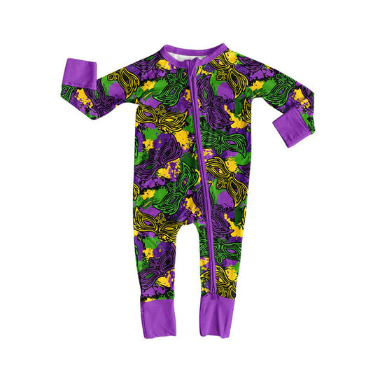 Preorder (moq 5)Baby Girls Mardigras Camo Masks Zipper Footie Rompers 10.10