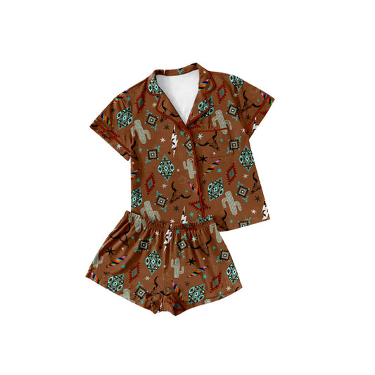 Preorder (moq 5)Baby Girls Brown Short Sleeves Button Pocket Cactus Bull Skull Aztec Top Shorts Pajamas Set 4.24
