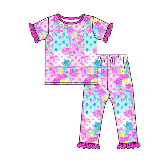 Preorder (moq 5)Baby Girls Hearts Flowers Checked Top Ruffle Pants Valentines Pajamas Sets 12.2