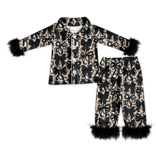 Preorder (moq 5)Baby Girls Long Sleeves With Fur Black Camo Bows Button Top Pant Pajamas Set 5.19