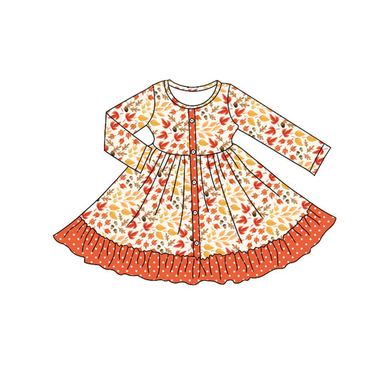 Preorder moq 5 Baby Girls Long Sleeves Maple Leaves Button Ruffle Knee Length Dresses 5.7