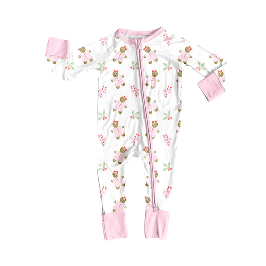 Preorder(moq 5)Baby Infant Girls Long Sleeves Candy Cane Gingerbread Christmas Zipper Rompers 7.31