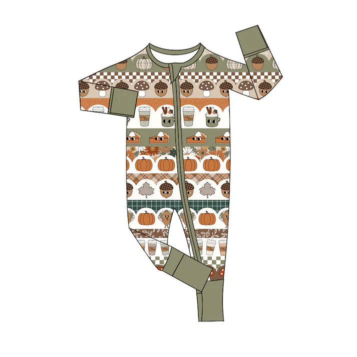 Preorder (moq 5)Baby Boys Green Long Sleeves Pumpkins Cakes Stripes Zipper Rompers 6.5