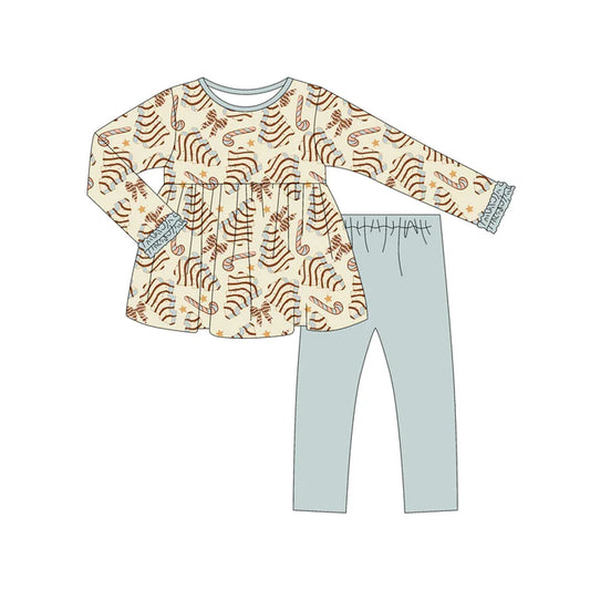 Preorder (moq 5)Baby Girls Long Ruffle Sleeves Bows Trees Tunic Blue Legging Pant Sets 6.21