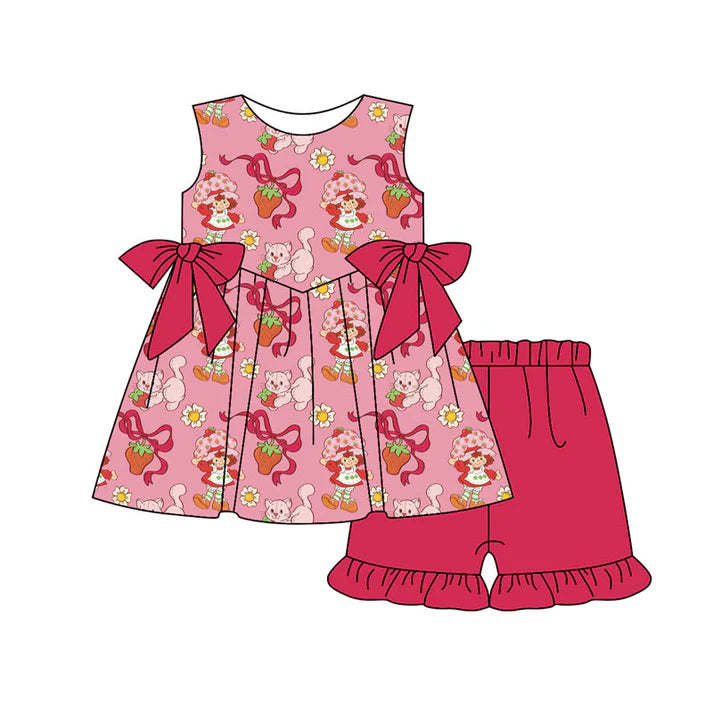 Preorder(moq 5) Baby Girls Flowers Strawberry Girls Bows Tunic Ruffle Shorts Clothes Sets 11.18