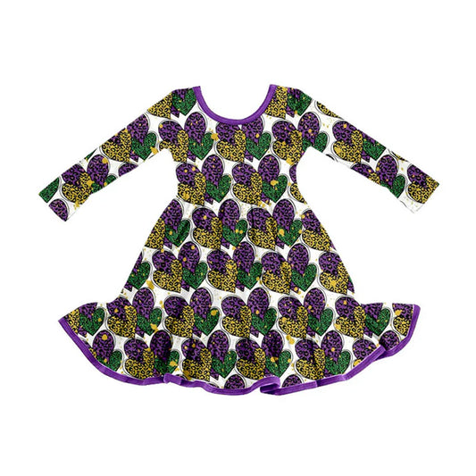 Preorder (moq 8)Baby Girls Leopard Hearts Mardigras Ruffle Knee Length Dresses 9.9