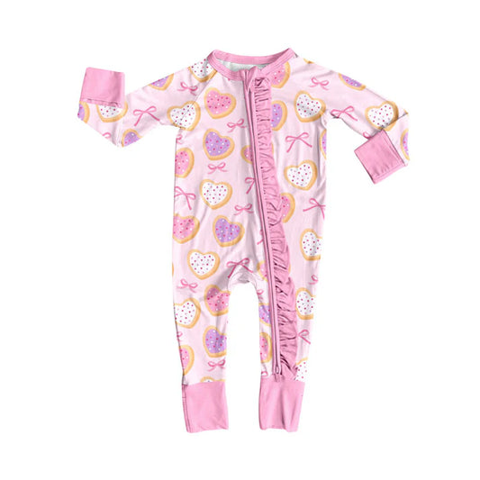 Preorder (moq 5)Baby Girls Pink Hearts Bows Valentine Ruffle Zipper Footie Rompers 9.6