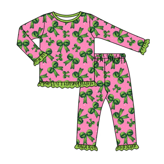 Preorder(moq 5) Baby Girls Long Ruffle Sleeves Green Bows Plaid Top Pants Pajamas Set 7.24