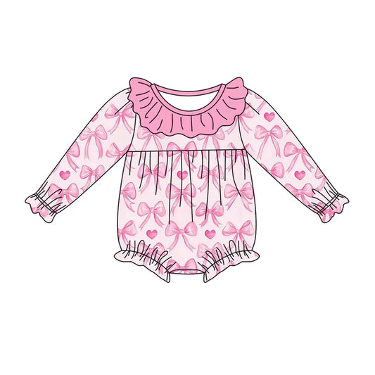 Preorder (moq 5)Baby Girls Pink Hearts Bows Valentine Ruffle Rompers 9.4