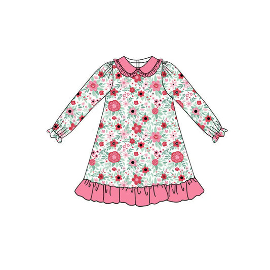 Preorder (moq 8)Baby Girls Long Sleeve Pink Flowers Ruffle Knee Length Dresses 9.12