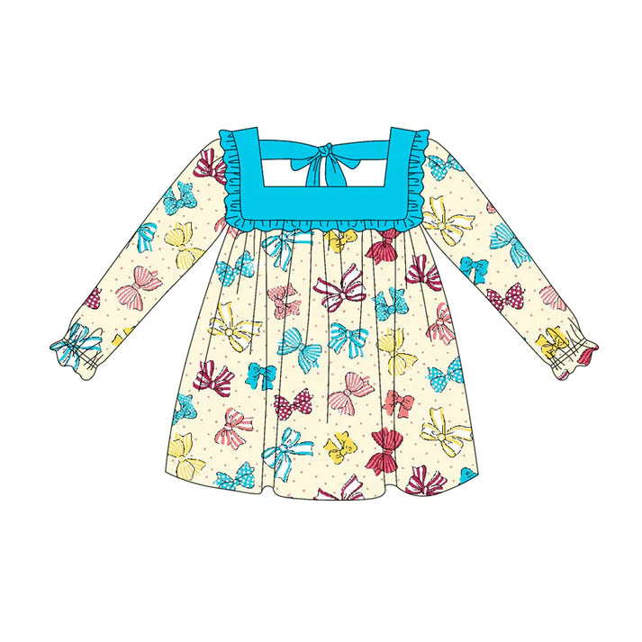 Preorder (moq 5)Baby Girls Long Ruffle Sleeves Colorful Bows Plaid Knee Length Dresses 5.20