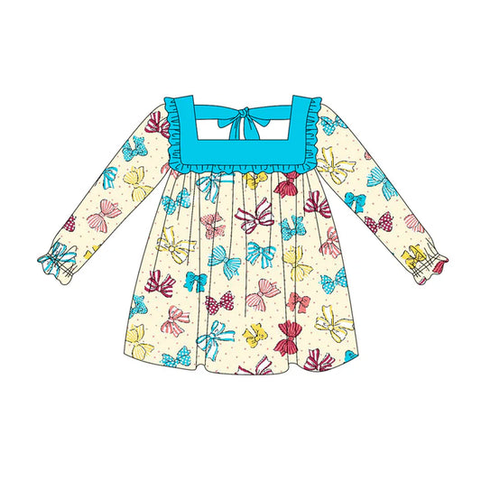 Preorder (moq 5)Baby Girls Long Ruffle Sleeves Colorful Bows Plaid Knee Length Dresses 5.20