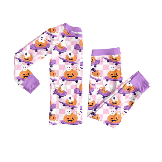 Preorder (moq 5)Baby Girls Long Sleeves Lavender Plaid Ghost Pumpkins Top Pant Pajamas Sets 6.11