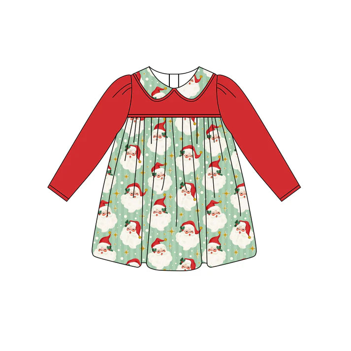 Preorder (moq 5)Baby Girls Red Long Sleeves Stars Santa Plaid Knee Length Dresses 5.27
