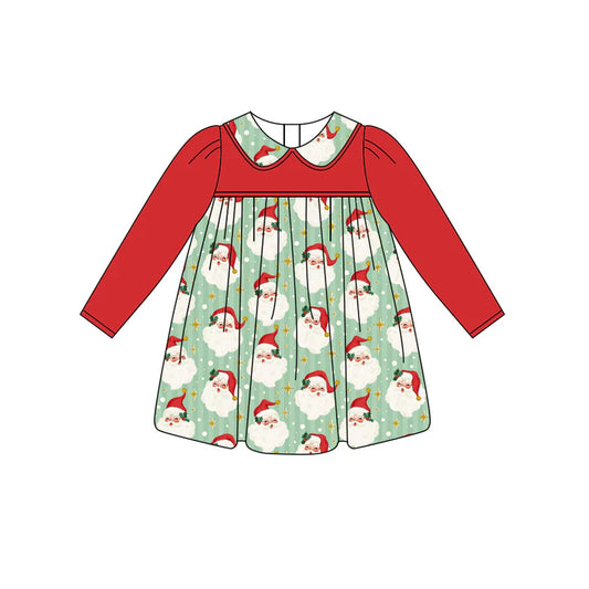 Preorder (moq 5)Baby Girls Red Long Sleeves Stars Santa Plaid Knee Length Dresses 5.27