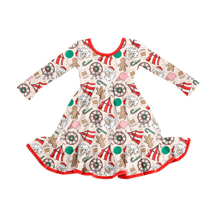 Preorder (moq 8)Baby Girls Santa Gingerbread Candy Christmas Ruffle Knee Length Dresses 9.22