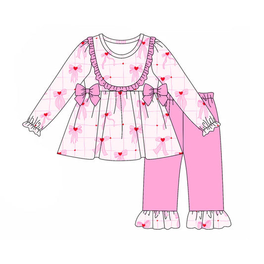 Preorder (moq 5)Baby Girls Long Sleeves Pink Bows Hearts Plaid Tunic Ruffle Pants Set 7.29