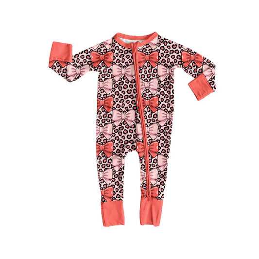 Preorder (moq 5)Baby Boys Peach Leopard Bows Zipper Footie Rompers 9.4