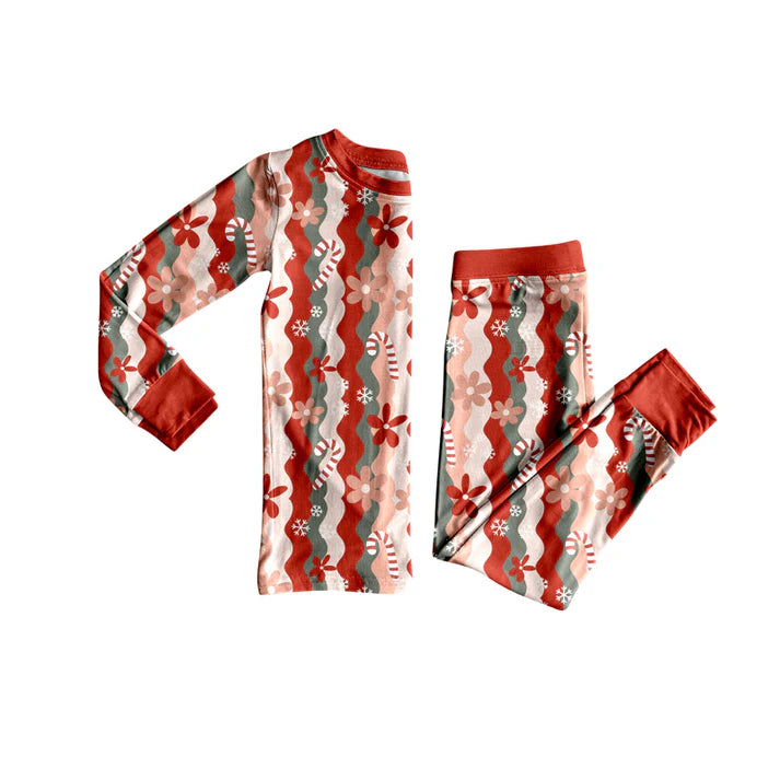 Preorder (moq 5)Baby Girls Long Sleeves Red Flowers Candy Cane Top Pant Pajamas Set 5.24