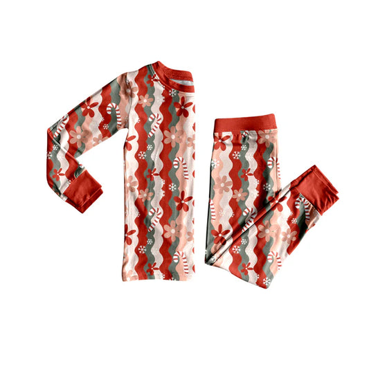Preorder (moq 5)Baby Girls Long Sleeves Red Flowers Candy Cane Top Pant Pajamas Set 5.24