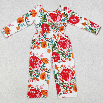 Baby Girls Jumpsuits Orange Red Flowers Long Sleeve Fall Jumpsuits LR1837