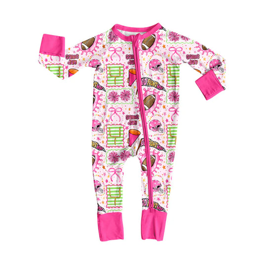 Preorder(moq 5)Baby Girls Pink Bows Footballs Team Zipper Pant Rompers 7.26