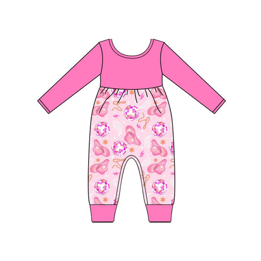 Preorder (moq 8)Baby Girls Pink Long Sleeve Hats Stars Western Footie Rompers 9.11