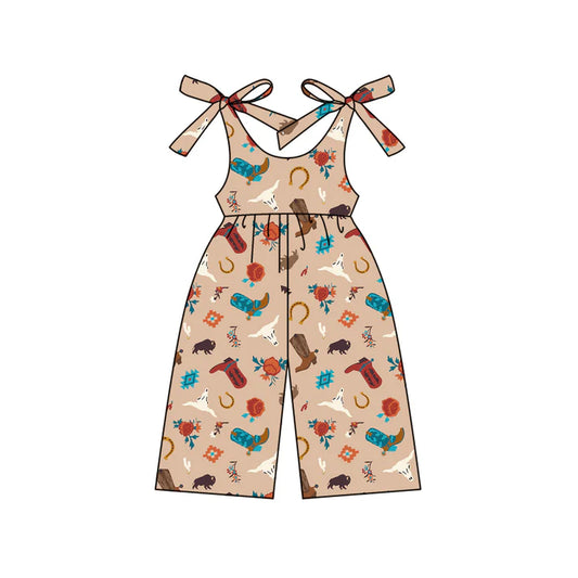 Preorder (moq 5)Baby Girls Khaki Strap Boots Bull Skull Jumpsuits 4.24